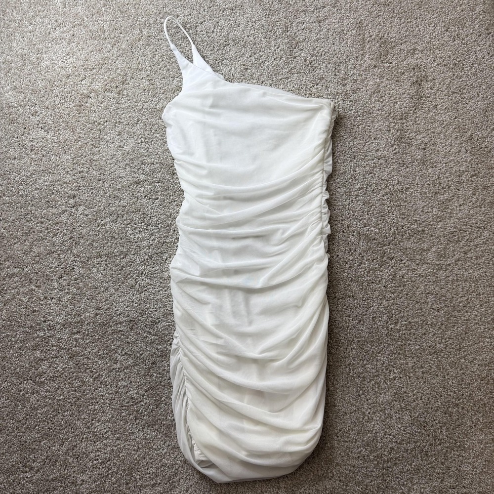 Princess Polly Dress Womens 6 White One Shoulder Ruched Mesh Bodycon Midi Party